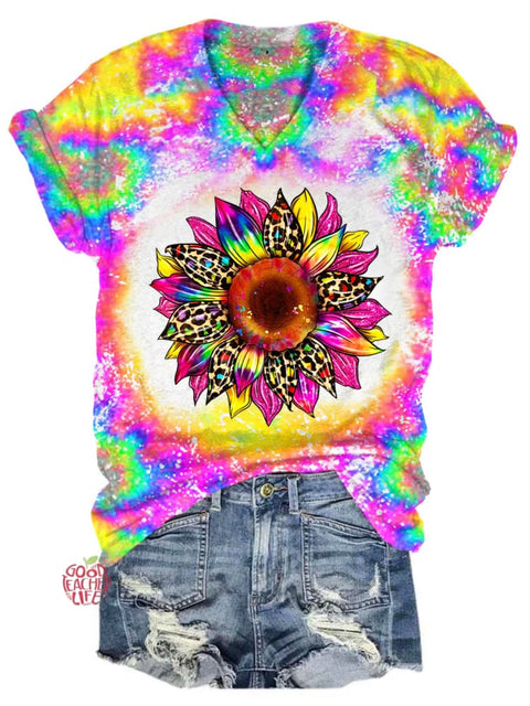 Sunflower Tie Dye Print V Neck T-shirt