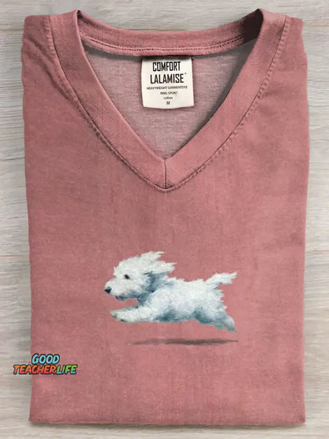 Funny Retro Cute Running White Dog Art Print V-neck Casual T-shirt