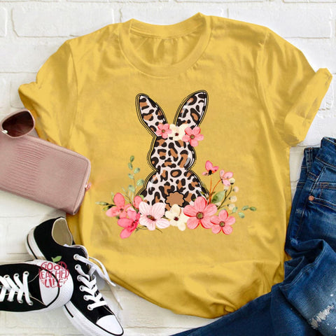 Leopard Floral Bunny Teacher T-Shirt