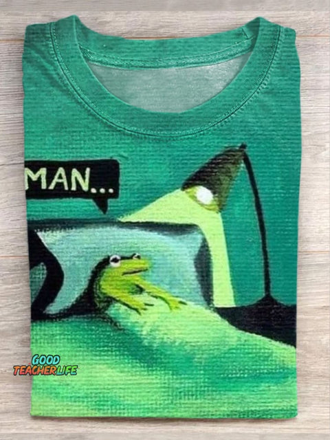 Retro Fun Frog Print Casual Short Sleeve T-Shirt