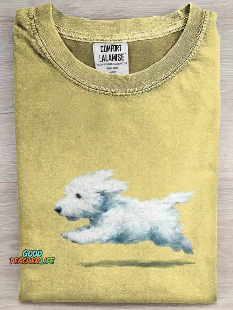 Funny Retro Cute Running White Dog Art Print Casual Cotton Short Sleeve T-shirt