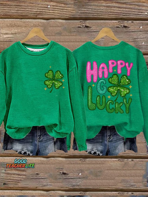 Women's  St. Patrick's Day Shiny Happy Go Lucky Shamrock Print Casual Sweatshirt