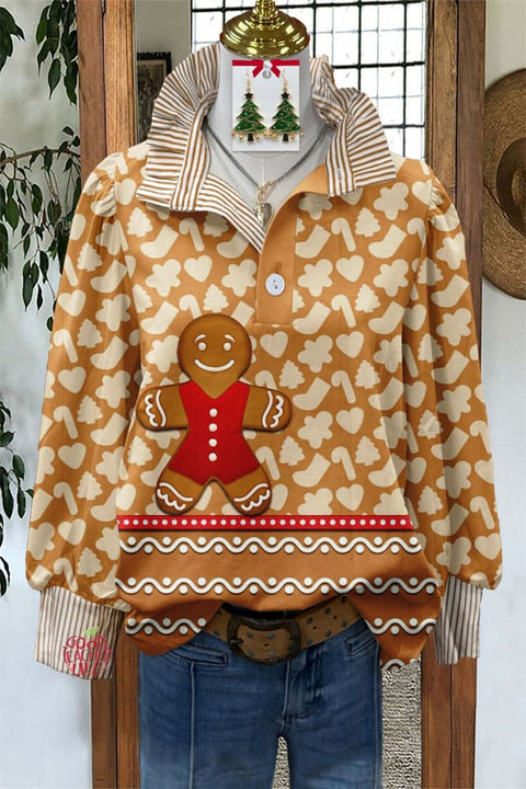 Cute Christmas Gingerbread Print Stand Collar Top