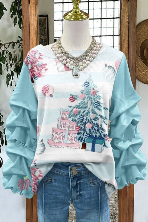 Sweet Christmas Tree Print Pleated Top