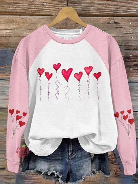 Valentine's Day Love Balloon Printed Color Block Sweatshirt