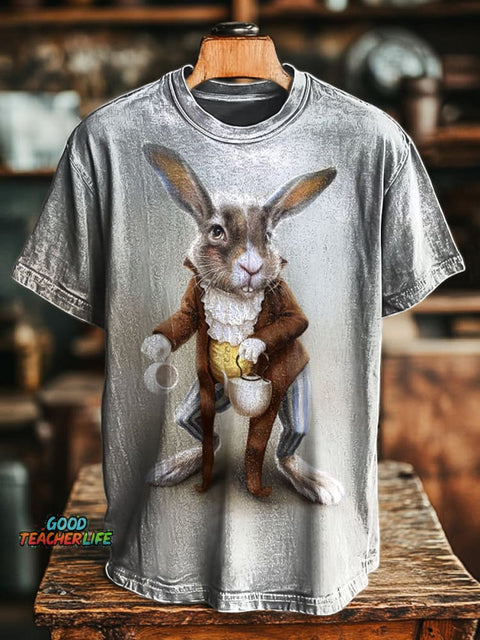 Unisex Funny Bunny Drinking Tea Print Casual Loose T-Shirt