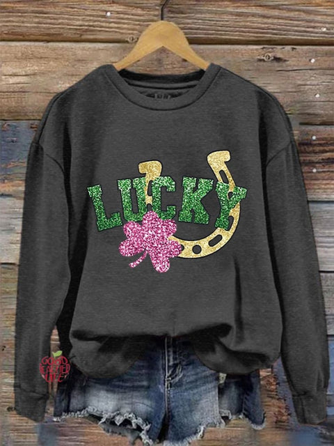 Women's Glitter  St. Patrick's Day Lucky Shamrock Printed Sweatshirt