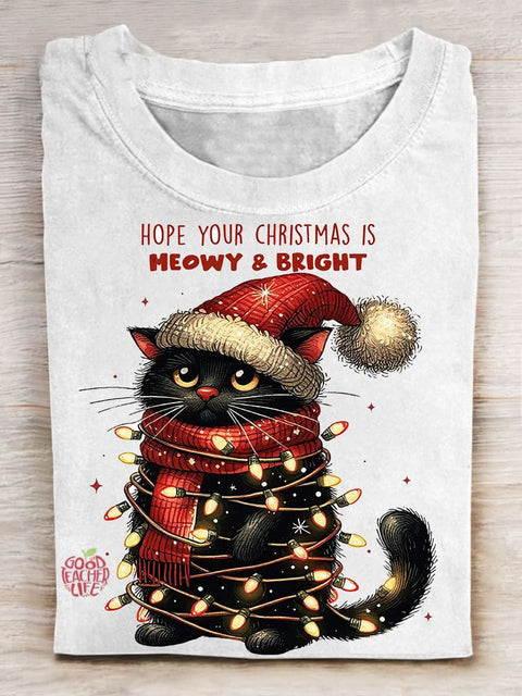 Hope Your Christmas Is Meowy & Bright Printed Crew Neck Women's T-shirt