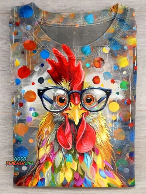 Crazy Chicken Lady Art Print Casaul Short Sleeve T-shirt