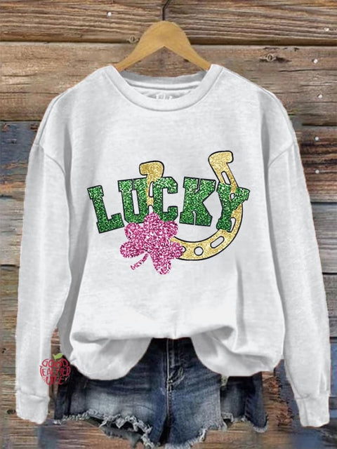 Women's Glitter  St. Patrick's Day Lucky Shamrock Printed Sweatshirt