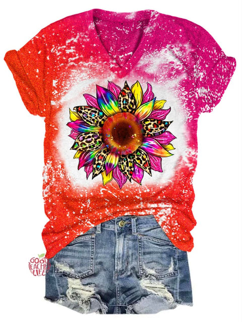 Sunflower Tie Dye Print V Neck T-shirt