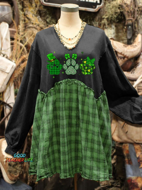 St. Patrick's Day Shamrock Art Print Plaid Stitching Sweatshirt