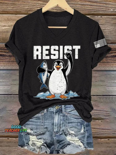 V-Neck Retro Penguins Resist Tariffs Print T-Shirt