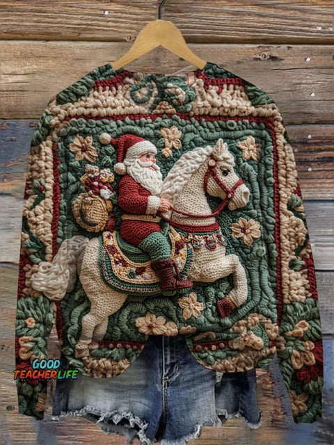 Winter Santa and Horse Art Print Casual Sweatshirt