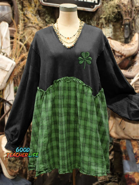St. Patrick's Day Shamrock Art Print Plaid Stitching Sweatshirt