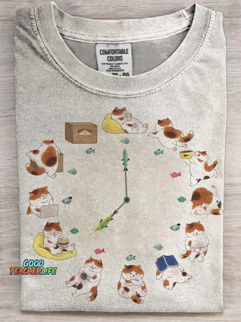 Funny Cat Clock Print Casual Short Sleeve T-Shirt