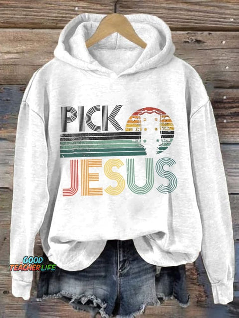 Retro Pick Jesus Guitar Worship Print Hoodie