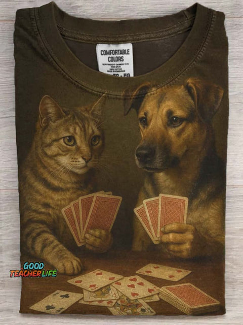Funny Cat and Dog Playing Card Print Casual Short Sleeve T-Shirt