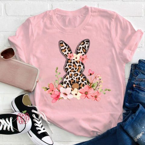 Leopard Floral Bunny Teacher T-Shirt