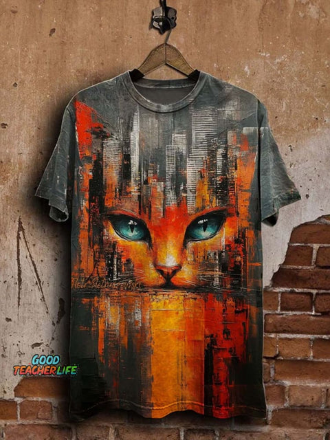 Art Abstract Cat Print Casual Short Sleeve T-Shirt
