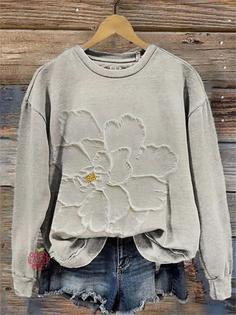 Vintage Floral Embroidered Art Cozy Knit Crew Neck Sweatshirt