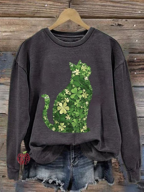 Women's Clover Cat Print Crew Neck Sweatshirt