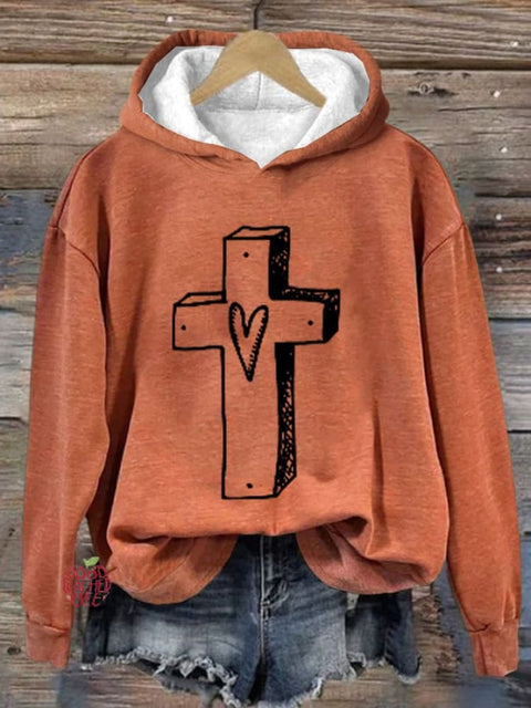 Women'S Retro Faith Cross Printed Hoodie