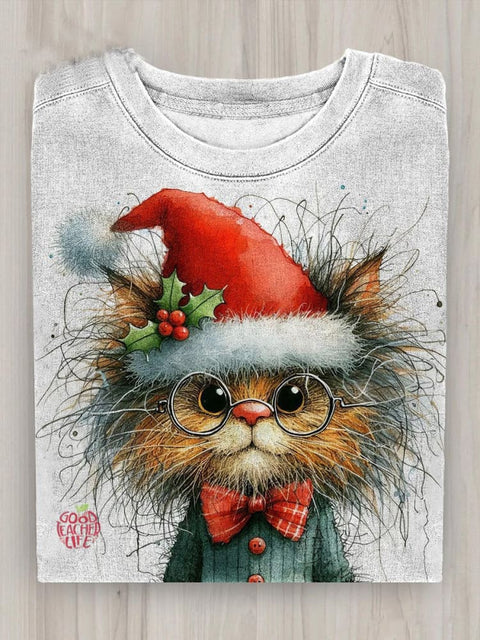 Christmas Scribbly Kitten Printed Crew Neck Women's T-shirt