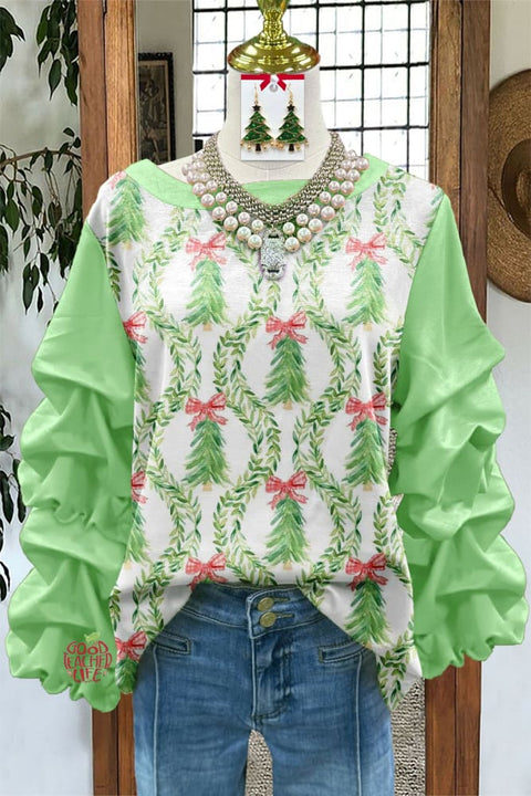 Sweet Christmas Tree Print Pleated Top