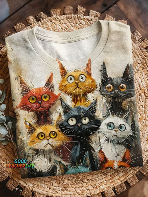 Cute Kitten Print Short Sleeve T-Shirt
