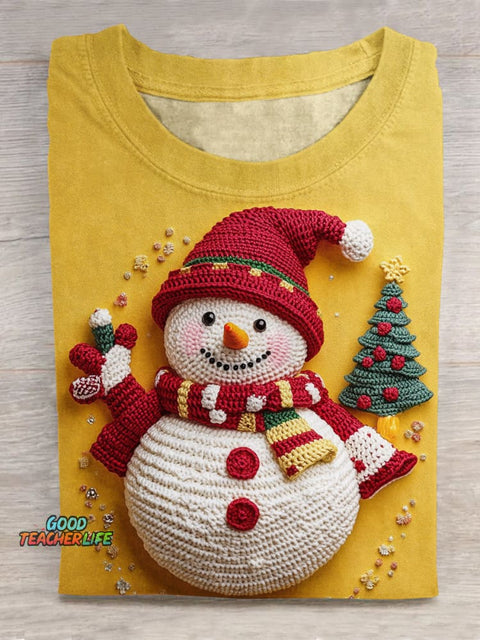 Christmas Snowman Art Print Crew Neck T-Shirt