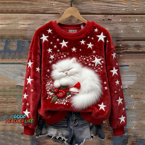Christmas Sleeping Fuzzy Cat Stars Embroidered Cozy Plush Sweatshirt