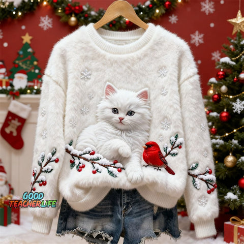 Christmas Cat & Bird Art Women's Flannel Sweater