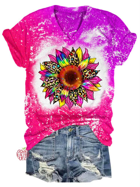 Sunflower Tie Dye Print V Neck T-shirt