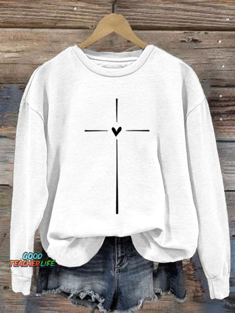 Women's Christian Cross Printed Round Neck Long Sleeve Sweatshirt