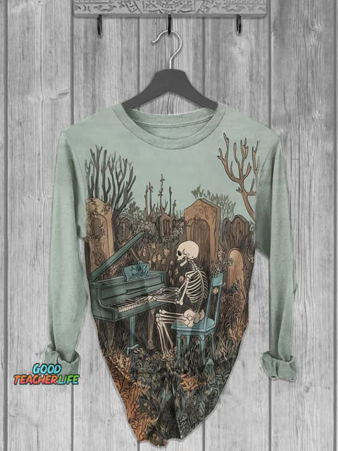 Fantasy Skull Pianist Print Casual Short Sleeve T-Shirt