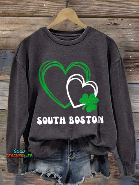Retro St Patrick's Day Love Heart Shamrock South Boston Print Sweatshirt