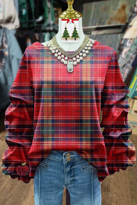 Christmas Plaid Ruched Sleeve Top