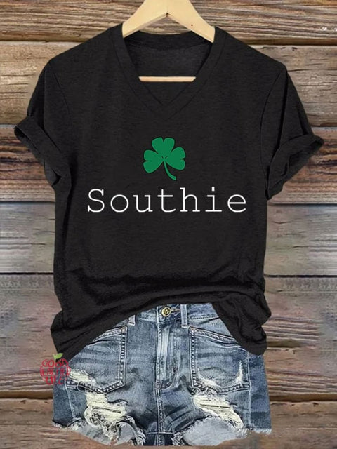 V-neck Retro St.Patrick's Day Southie Shamrock Print T-Shirt