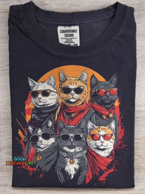 Six Sunglasses Meow Casual Printed Short Sleeve T-Shirt