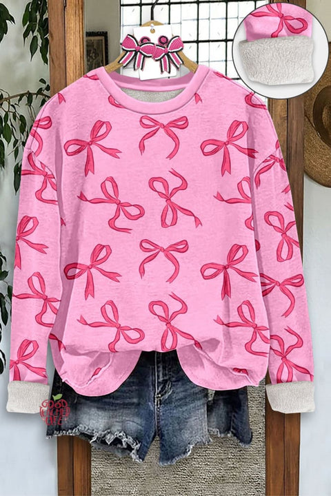 Sweet Bow Print Thick Fleece Sweatshirt