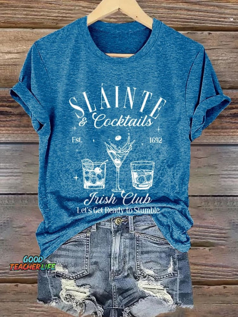 Retro St.Patrick's Day SláInte Cocktail Club Let's Get Ready To Stumble Print T-Shirt