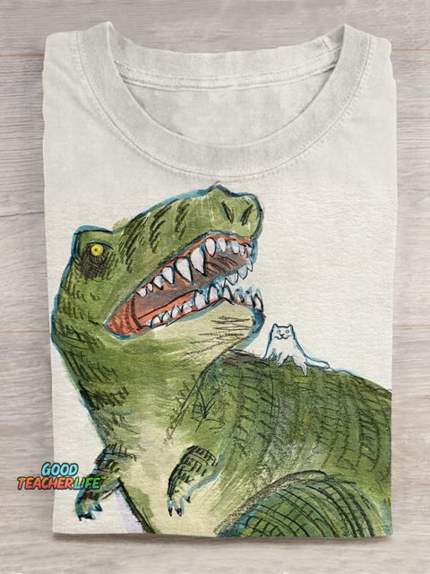 Dinosaur Cat  Art Print Printed T-shirt