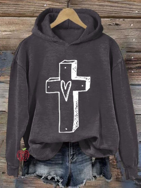 Women'S Retro Faith Cross Printed Hoodie