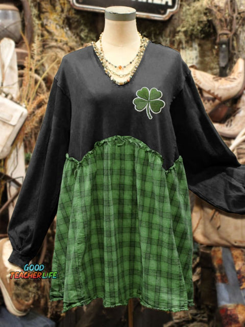 St. Patrick's Day Shamrock Art Print Plaid Stitching Sweatshirt