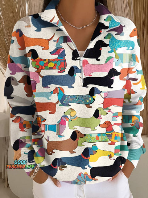 Dog Art Print Casual Zip-Up Sweatshirt