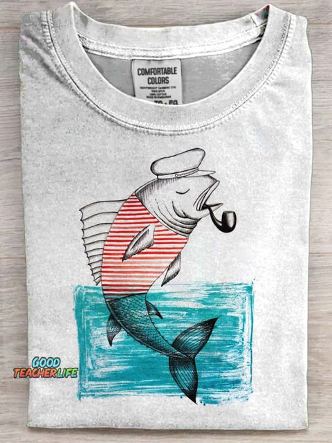 Funny Fish Captain Print Casual Short Sleeve T-Shirt