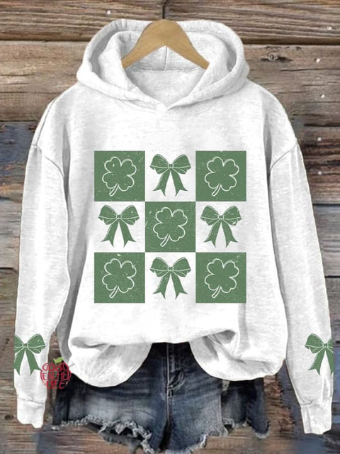 Women's Saint Patrick's Day Clover Bow Print Round Neck Long Sleeve Sweatshirt