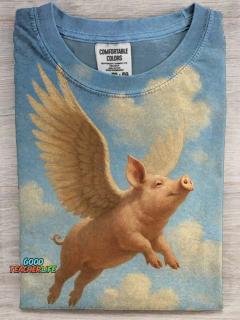 Cute Flying Pig Printed Casual Short Sleeve T-Shirt