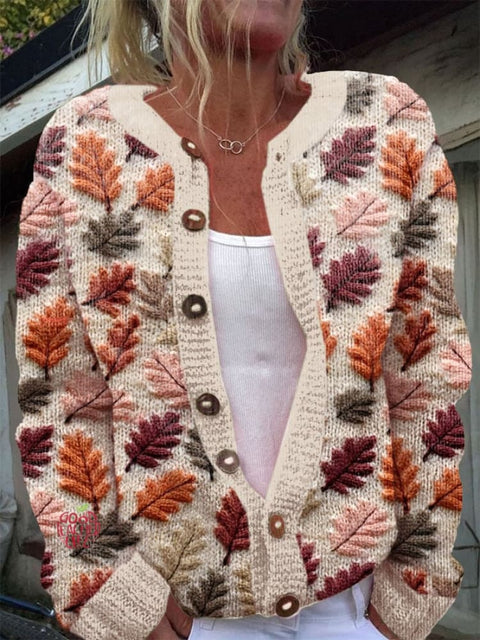 Women's Thanksgiving Fall Leaves Print Cozy Knit Cardigan